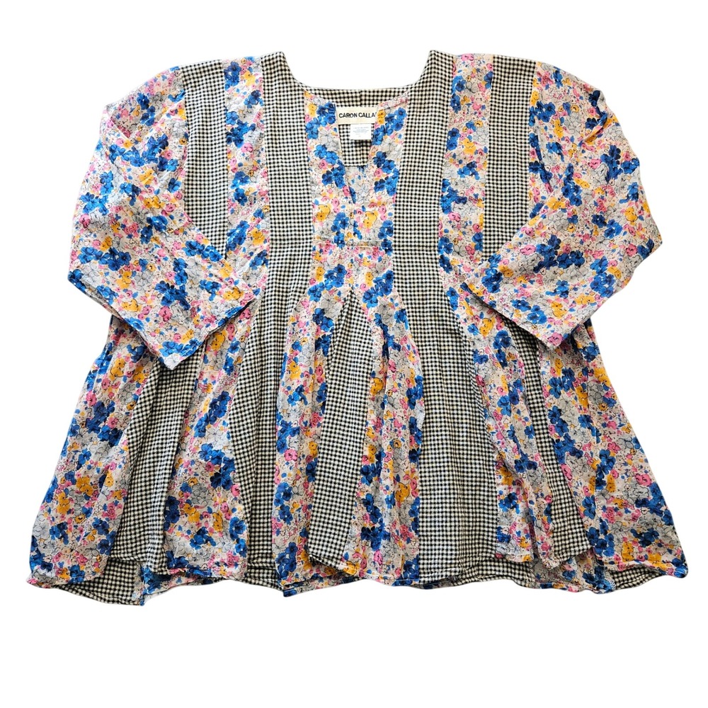 Caron Callahan Mixed Print Floral Gingham Cotton Babydoll Blouse Small Boho USA